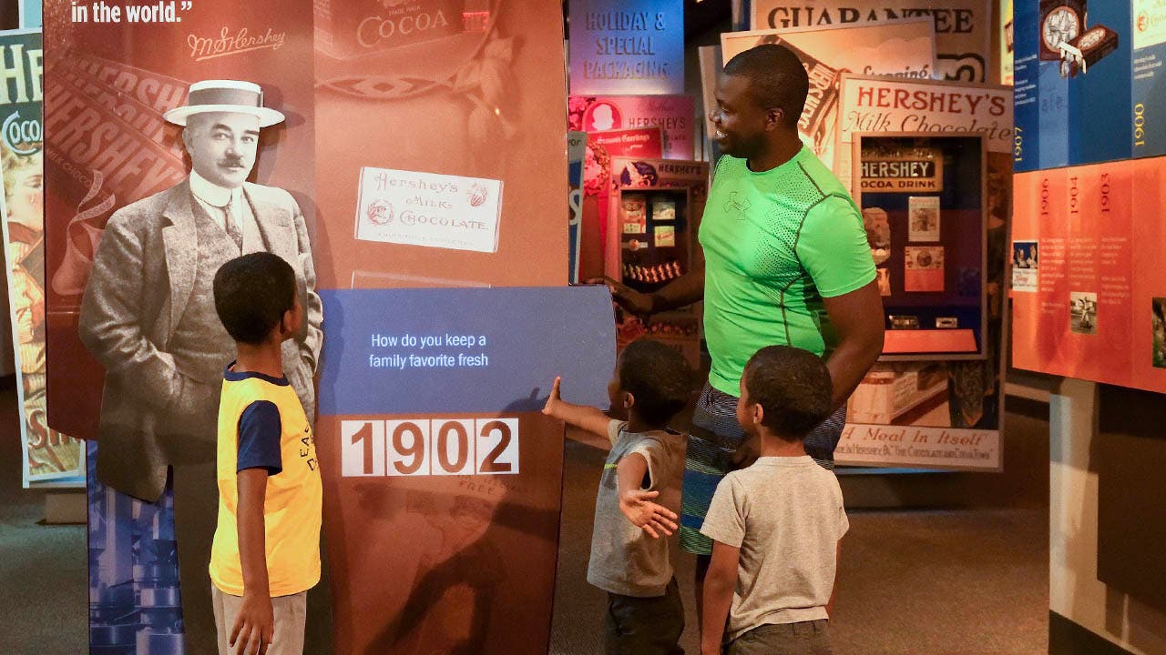 family learning about milton hershey at the hershey story museum