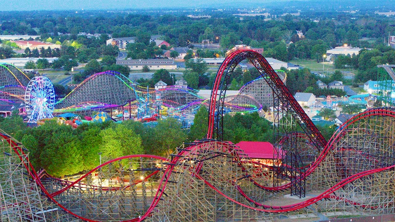 evening aerial picture of hersheypark
